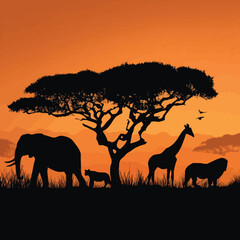 Savanna Horizon Animal Silhouettes &ndash; African Wildlife Vector with Sunset Gradient