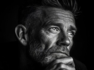 Contemplative man portrait monochrome black and white