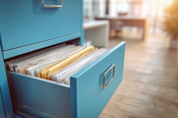 Blue File Cabinet with Open Drawer in Office Setting