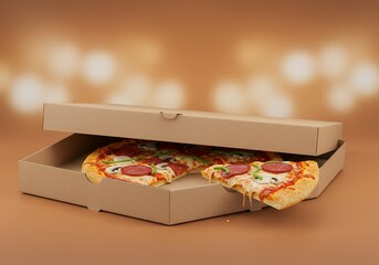 Delicious Pepperoni Pizza in Cardboard Box, Partially Eaten Slice