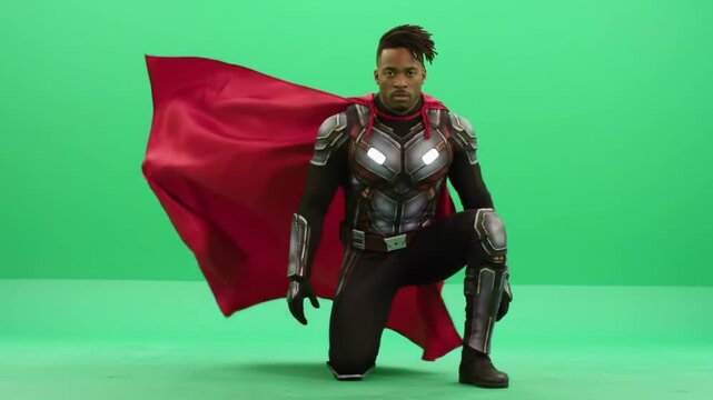 Original name(s): Powerful Superhero Landing with Red Cape and Armor Suit in Slow Motion on Green Screen Background.