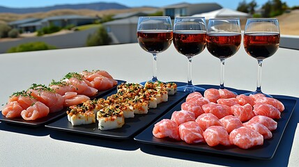 Elegant outdoor dining with red wine, salmon sashimi and savory appetizers