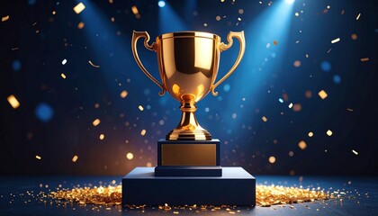 Golden cup in the middle, confetti in the background.