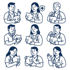 Healthcare professionals with piggy banks financial savings medical symbols teamwork savings
