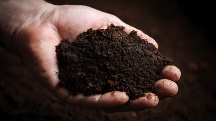 Nahaufnahme einer Hand mit dunkler, fruchtbarer Erde als Symbol f&uuml;r Nachhaltigkeit
