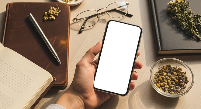 Phone Mockup with Journal and Botanical Elements - Powered by Adobe