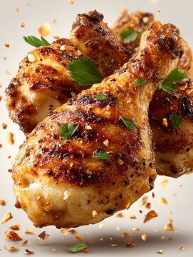 Naklejki Photorealistic floating grilled chicken drumsticks with crispy bits on white background, surreal food concept with levitating meat pieces