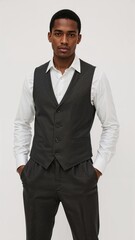 Full length of confident Ethiopian man in a white shirt and dark vest standing with one arm tucked into pocket and other hand on wrist on plain white background