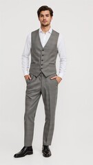 Full length of confident Egyptian man in a longsleeve white shirt and formal vest standing with one foot resting lightly on a low step on plain white background