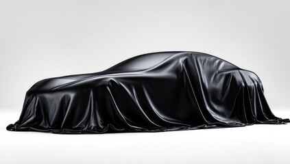 Car Under Black Shiny Cover in Studio with Bright White Background