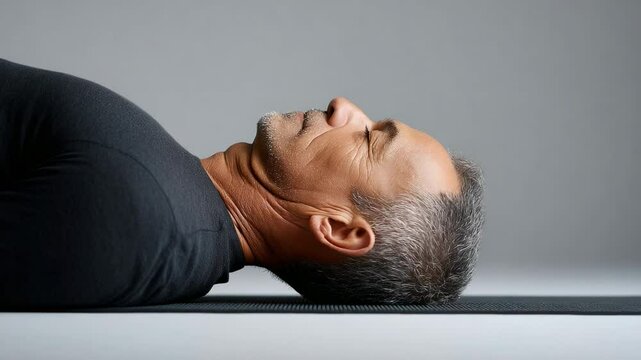 Mature man in savasana pose for relaxation and body awareness during a yoga session, indoor, morning