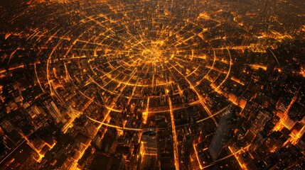 City lights radiating from a central point, a spiderweb pattern