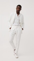Full length of confident Kenyan man in a white buttonup with blazer over shoulder standing casually leaning on one leg on plain white background