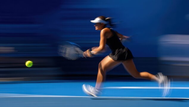Female Tennis Player in Motion Swinging Racket on Blue Court