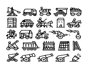 Fototapeta premium A versatile vector icon set for web and mobile design, featuring hand-drawn business and travel symbols, including shopping, home, car, and hotel illustrations