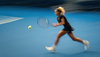 Tennis Player Hitting Ball on Blue Court Motion Blur