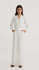 Full length of confident Vietnamese woman in a formal white blouse and long formal skirt standing with a slight lean and gentle smile on plain white background