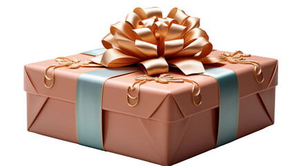 Peach gift box, gold bow, pastel luxury present, festive holiday surprise, elegant packaging design, isolated on transparent background.