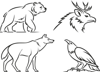 Fantasy and Forest Animal Line Art with Bear Wolf and Antlered Bird