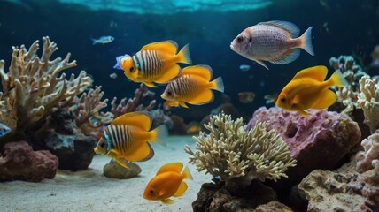 Obraz premium Underwater aquarium scene with vibrant fish and coral reefs