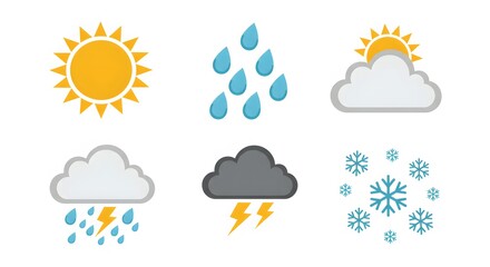 Weather Icons Sun, Rain, Clouds, Snow, and Lightning - Flat Design