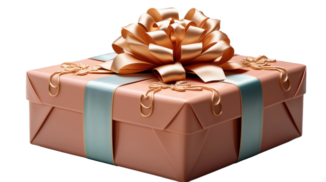 Peach gift box, gold bow, pastel luxury present, festive holiday surprise, elegant packaging design, isolated on transparent background.