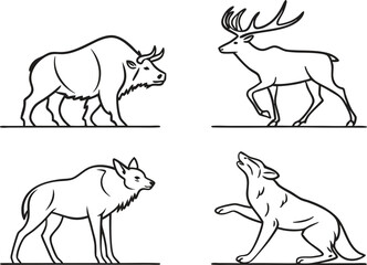 Wild Animal Silhouette Line Art Set with Bison Deer and Wolves