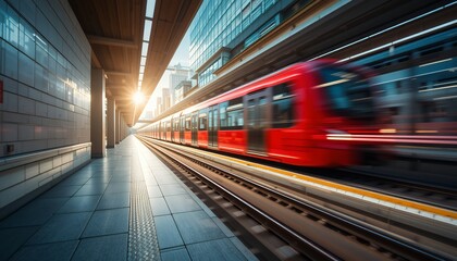 fast moving red train passing through modern urban train station during sunrise