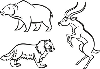 Wild Animal Line Art Set with Bear Antelope and Fox