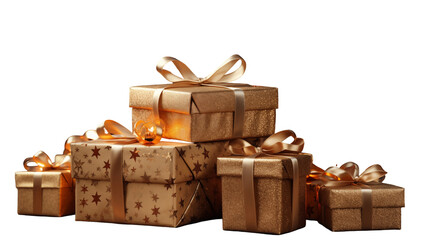 Gold gift boxes, sparkling holiday presents, winter celebration, Christmas New Year, elegant wrapped packages, isolated on transparent background.