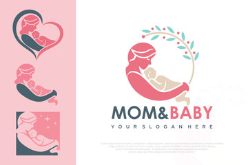 mother child love care logo in flat design . vector illustration