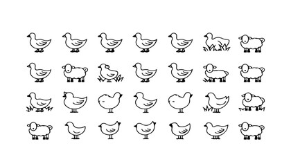 Fototapeta premium A collection of simple line drawings featuring various bird and sheep illustrations arranged in neat rows bird, sheep, line art, drawing, illustration, animal, cartoon, simple, row, collection, graphi