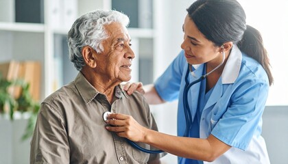 Fototapeta premium Professional Medical Check-Up – Female Doctor Examining Elderly Male Patient in Geriatrics