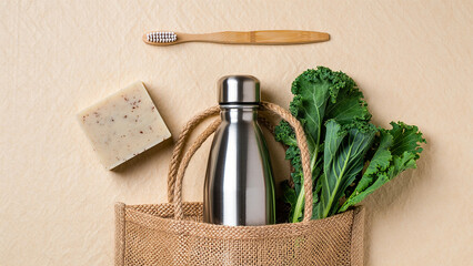 Eco-Friendly Essentials: An eco-conscious assortment, featuring a sustainable toothbrush, fresh produce, and a reusable water bottle, all nestled within a natural tote bag.