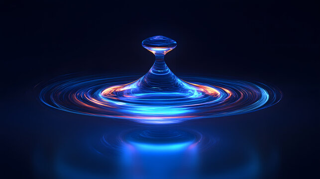 A glowing blue droplet creates concentric ripples on a dark surface, illuminated with vibrant neon colors.