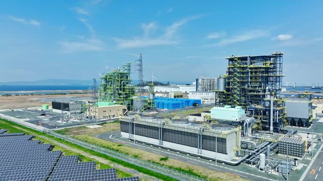 Aerial view of biomass power plant and wind and solar power plant