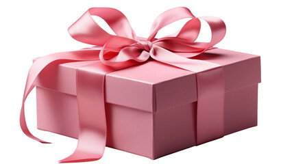 Pink gift box, satin ribbon bow, festive holiday present, birthday celebration, elegant packaging design, isolated on transparent background.