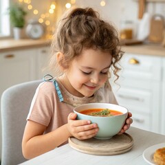 A little girl having soup in bowl