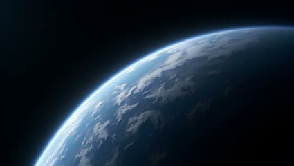 A partial view of a blue planet, possibly Earth, from space, showing its curved horizon and white clouds.