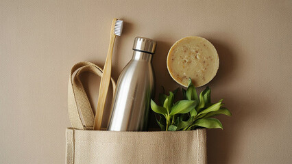 Eco-Friendly Essentials: An eco-conscious assortment, featuring a sustainable toothbrush, fresh produce, and a reusable water bottle, all nestled within a natural tote bag.