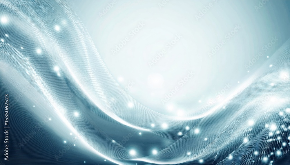 Poster  ethereal blue wave with sparkling light particles on smooth abstract gradient background ideal for web design, digital banner, branding, or elegant print media