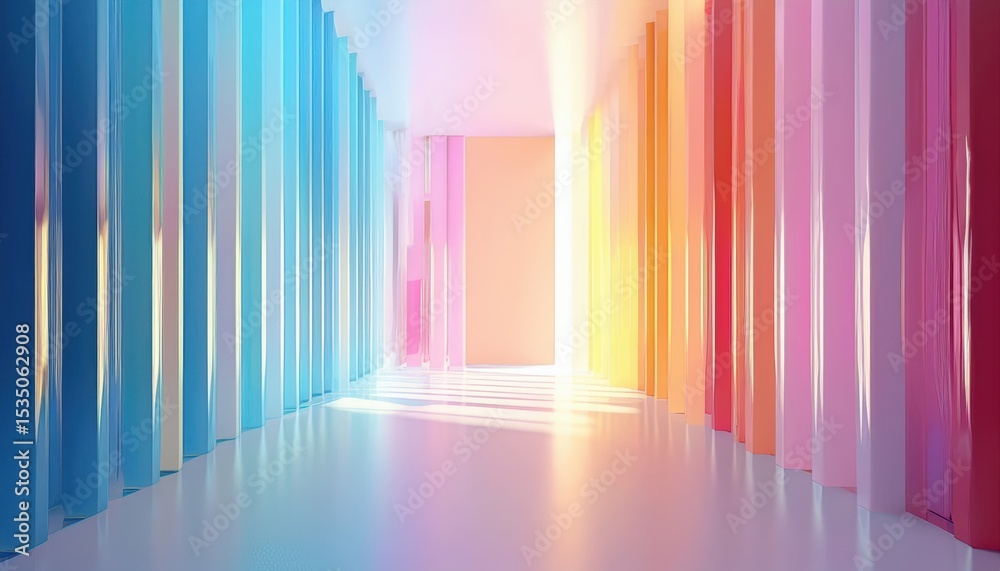 Poster  colorful abstract hallway with glossy vertical panels in blue, pink, yellow, and red hues illuminated by soft light perfect for web or branding use