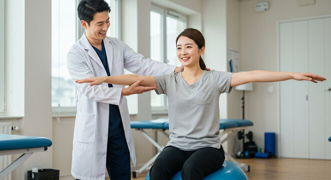 Doctor physiotherapist helping patient do rehabilitation exercises. Man therapist helps happy woman who is sitting on fitness yoga ball do stretching physiotherapy exercises for arms and shoulders