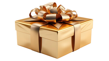 Gold gift box, shiny satin bow, luxury holiday present, birthday surprise, festive decoration, isolated on transparent background.