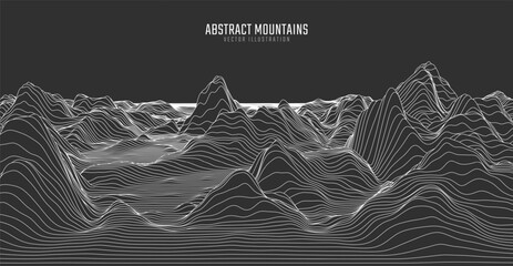 Contour mountain landscape. Waved line art. Abstract minimal topographic map. Contour lines with elevations and terrain depth. Vector illustration.