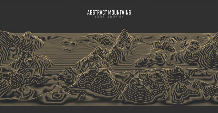 Contour mountain landscape. Waved line art. Abstract minimal topographic map. Contour lines with elevations and terrain depth. Vector illustration.