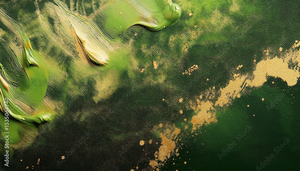 Poster shimmering emerald abstract texture with golden brushstroke highlights and dotted light patterns for luxury branding, web design, or elegant print background

