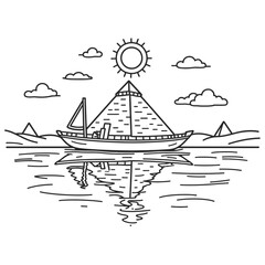 Egyptian Solar Barge Line Art with Red Sail, Pyramid Reflection, Mythology Vector Art