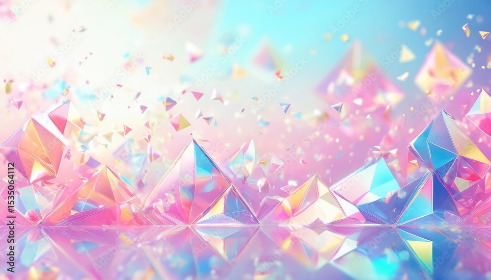Poster iridescent 3d crystal shards with holographic glow on pastel background for digital artwork, web design, poster, or branding element with futuristic elegance

