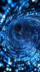 A digital tunnel composed of glowing blue particles, creating a futuristic and immersive visual effect.